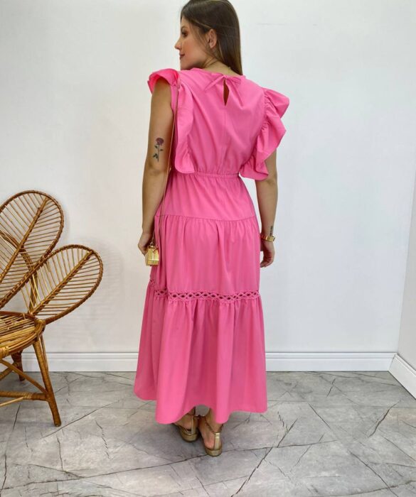 Vestido Midi sem Bojo Aurora com Babado Rosa - Fernanda Ramos Store