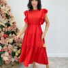 Vestido Midi sem Bojo Aurora com Babado Vermelho - Fernanda Ramos Store