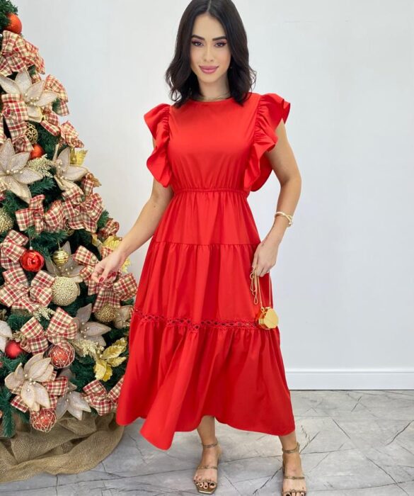 Vestido Midi sem Bojo Aurora com Babado Vermelho - Fernanda Ramos Store