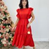 Vestido Midi sem Bojo Aurora com Babado Vermelho - Fernanda Ramos Store