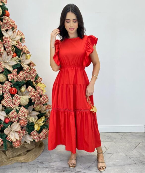 Vestido Midi sem Bojo Aurora com Babado Vermelho - Fernanda Ramos Store