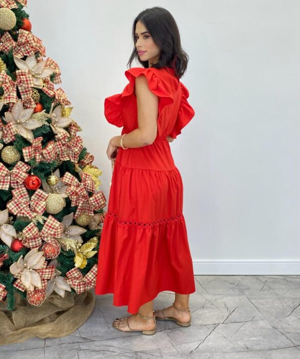 Vestido Midi sem Bojo Aurora com Babado Vermelho - Fernanda Ramos Store