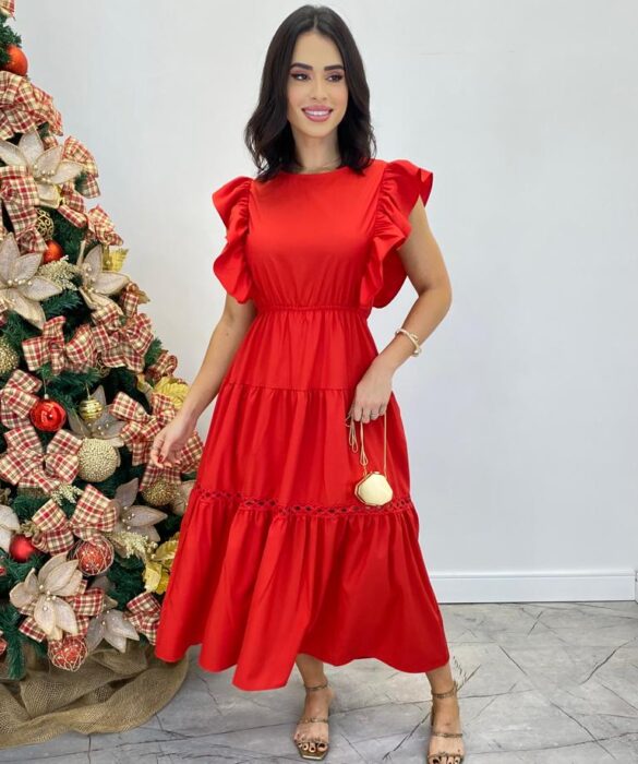 Vestido Midi sem Bojo Aurora com Babado Vermelho - Fernanda Ramos Store