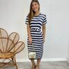 Vestido Midi sem Bojo com Amarração de Malha Listrado Azul Marinho - Fernanda Ramos Store