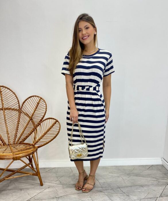 Vestido Midi sem Bojo com Amarração de Malha Listrado Azul Marinho - Fernanda Ramos Store