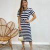 Vestido Midi sem Bojo com Amarração de Malha Listrado Azul Marinho - Fernanda Ramos Store