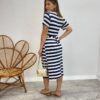 Vestido Midi sem Bojo com Amarração de Malha Listrado Azul Marinho - Fernanda Ramos Store