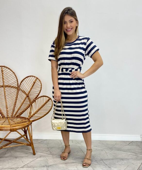 Vestido Midi sem Bojo com Amarração de Malha Listrado Azul Marinho - Fernanda Ramos Store