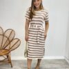 Vestido Midi sem Bojo com Amarração de Malha Listrado Marrom - Fernanda Ramos Store