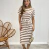 Vestido Midi sem Bojo com Amarração de Malha Listrado Marrom - Fernanda Ramos Store