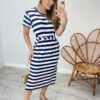 Vestido Midi sem Bojo com Amarração de Malha Listrado Azul Marinho - Fernanda Ramos Store