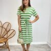 Vestido Midi sem Bojo com Amarração de Malha Listrado Verde - Fernanda Ramos Store