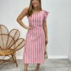 Vestido Midi Valentina com Bojo Nula Manga Listrado Rosa - Fernanda Ramos Store