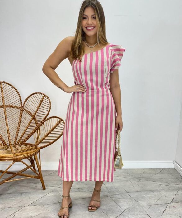 Vestido Midi Valentina com Bojo Nula Manga Listrado Rosa - Fernanda Ramos Store