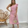 Vestido Midi Valentina com Bojo Nula Manga Listrado Rosa - Fernanda Ramos Store