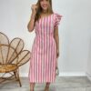 Vestido Midi Valentina com Bojo Nula Manga Listrado Rosa - Fernanda Ramos Store