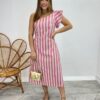 Vestido Midi Valentina com Bojo Nula Manga Listrado Rosa - Fernanda Ramos Store