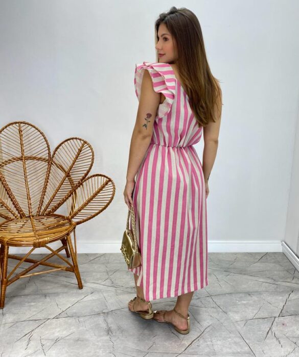 Vestido Midi Valentina com Bojo Nula Manga Listrado Rosa - Fernanda Ramos Store