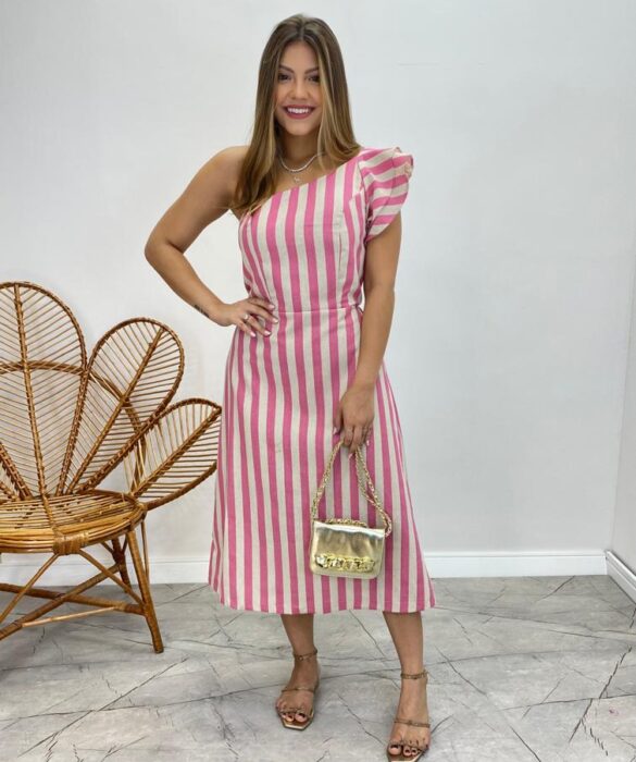 Vestido Midi Valentina com Bojo Nula Manga Listrado Rosa - Fernanda Ramos Store