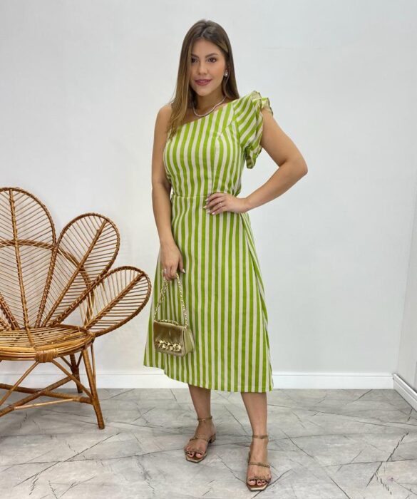 Vestido Midi Valentina com Bojo Nula Manga Listrado Verde - Fernanda Ramos Store