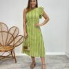 Vestido Midi Valentina com Bojo Nula Manga Listrado Verde - Fernanda Ramos Store