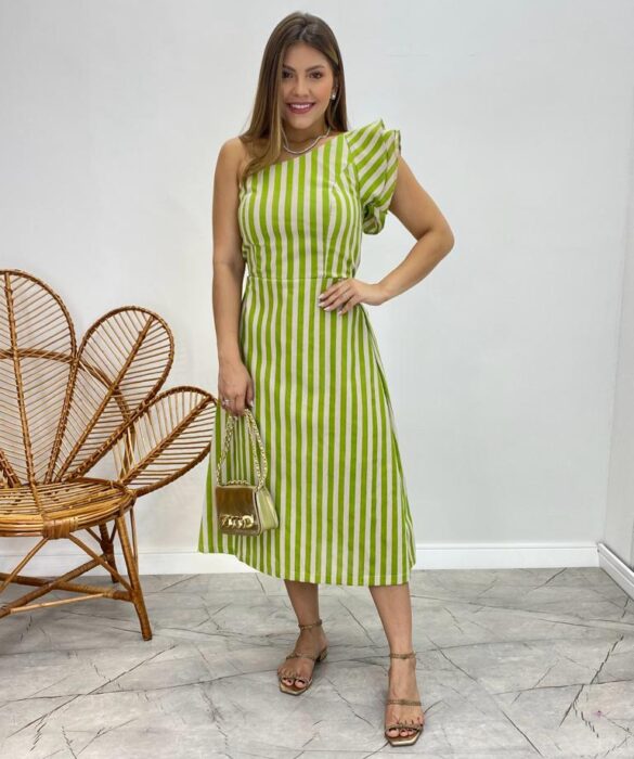 Vestido Midi Valentina com Bojo Nula Manga Listrado Verde - Fernanda Ramos Store