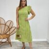 Vestido Midi Valentina com Bojo Nula Manga Listrado Verde - Fernanda Ramos Store