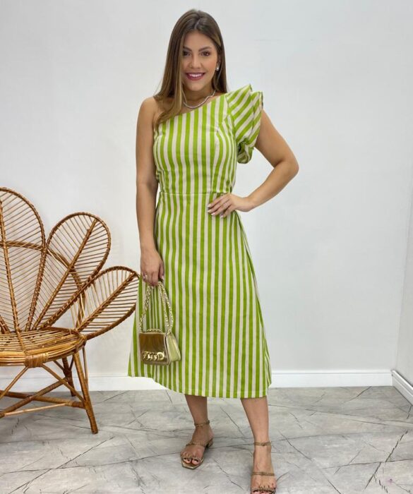 Vestido Midi Valentina com Bojo Nula Manga Listrado Verde - Fernanda Ramos Store