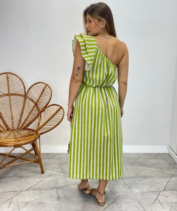 Vestido Midi Valentina com Bojo Nula Manga Listrado Verde - Fernanda Ramos Store