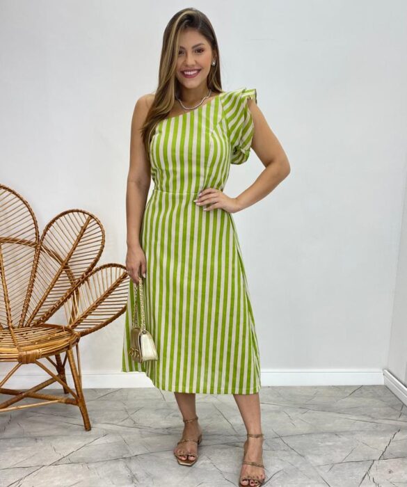 Vestido Midi Valentina com Bojo Nula Manga Listrado Verde - Fernanda Ramos Store