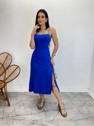 Vestido Midi Valentina sem Bojo com Fenda Lateral Azul - Fernanda Ramos Store