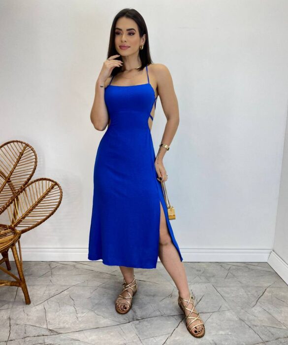 Vestido Midi Valentina sem Bojo com Fenda Lateral Azul - Fernanda Ramos Store