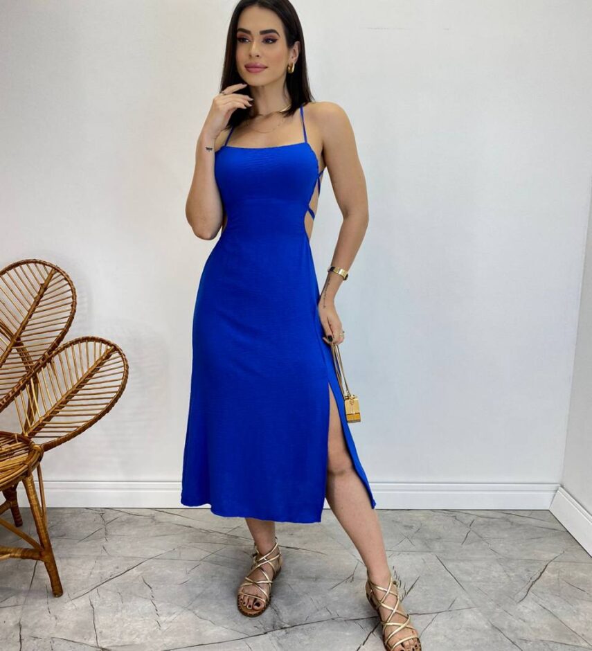 Vestido Midi Valentina sem Bojo com Fenda Lateral Azul - Fernanda Ramos Store