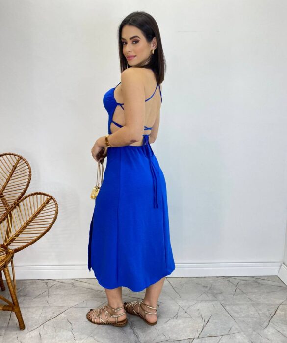 Vestido Midi Valentina sem Bojo com Fenda Lateral Azul - Fernanda Ramos Store