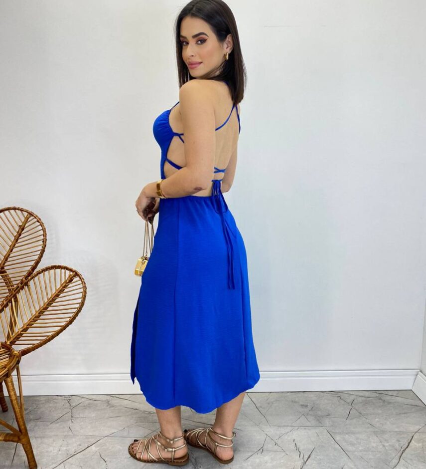 Vestido Midi Valentina sem Bojo com Fenda Lateral Azul - Fernanda Ramos Store