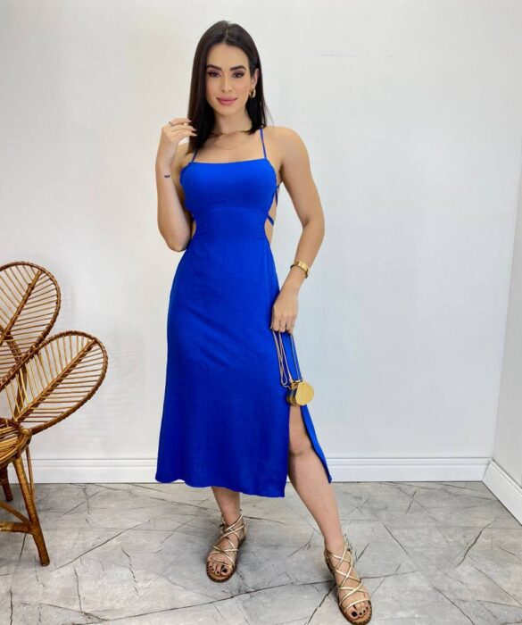 Vestido Midi Valentina sem Bojo com Fenda Lateral Azul - Fernanda Ramos Store