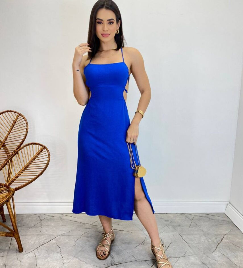 Vestido Midi Valentina sem Bojo com Fenda Lateral Azul - Fernanda Ramos Store