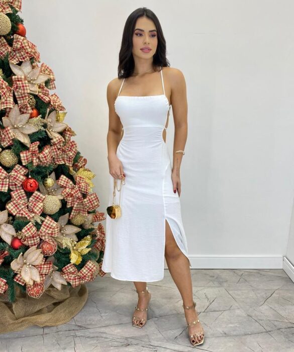 Vestido Midi Valentina sem Bojo com Fenda Lateral Branco - Fernanda Ramos Store