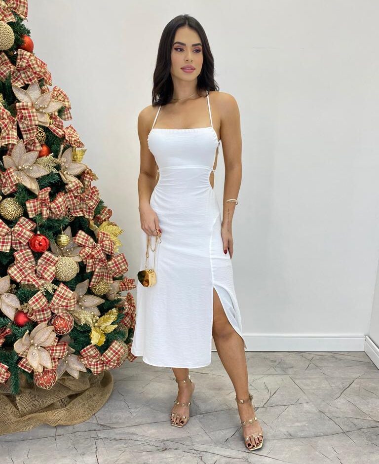 Vestido Midi Valentina sem Bojo com Fenda Lateral Branco - Fernanda Ramos Store