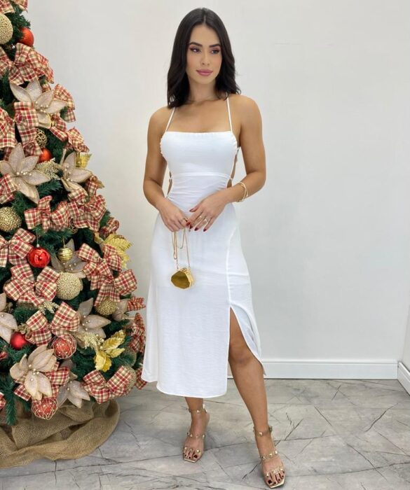 Vestido Midi Valentina sem Bojo com Fenda Lateral Branco - Fernanda Ramos Store