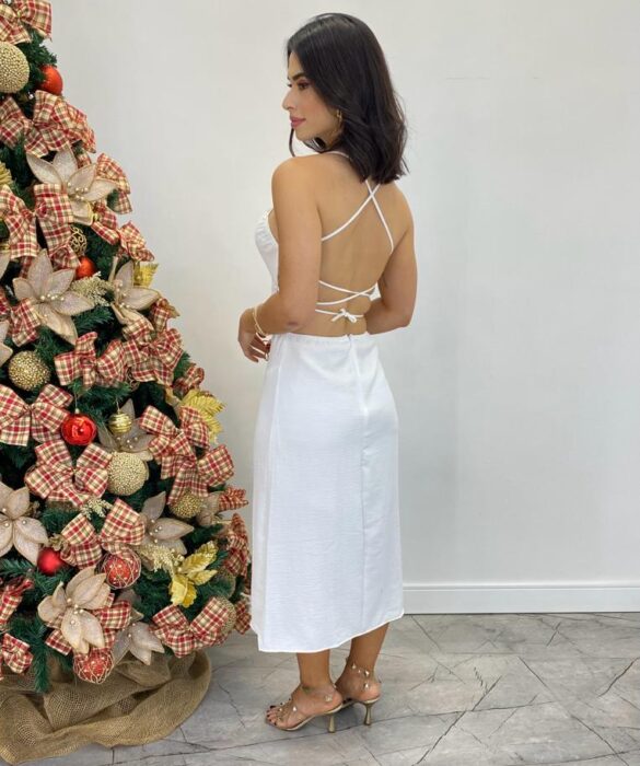 Vestido Midi Valentina sem Bojo com Fenda Lateral Branco - Fernanda Ramos Store