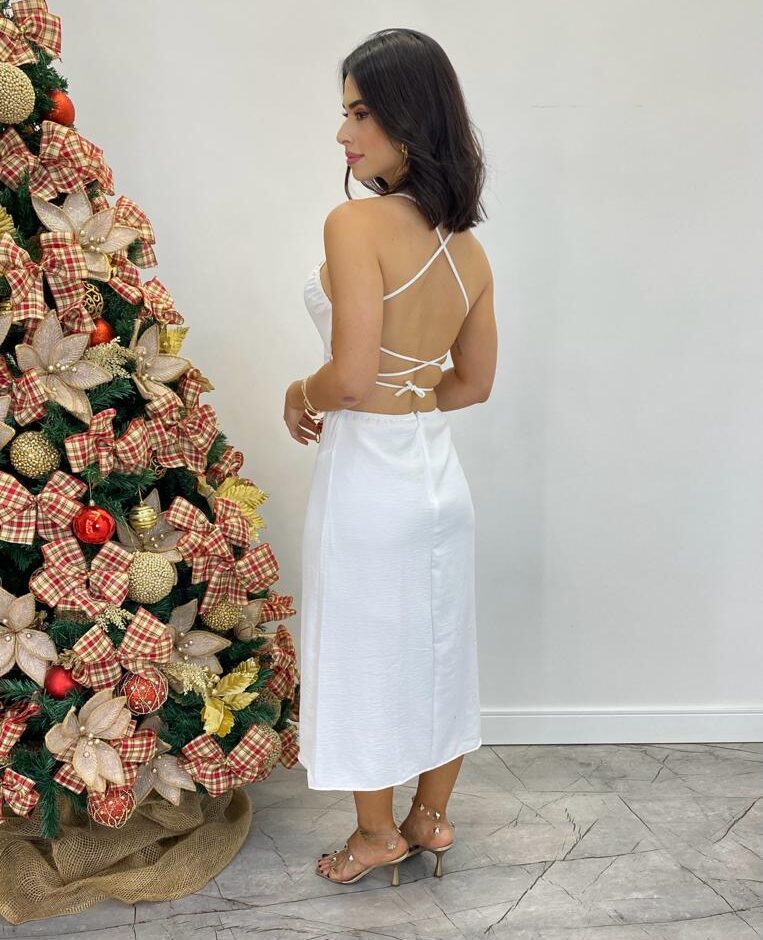Vestido Midi Valentina sem Bojo com Fenda Lateral Branco - Fernanda Ramos Store