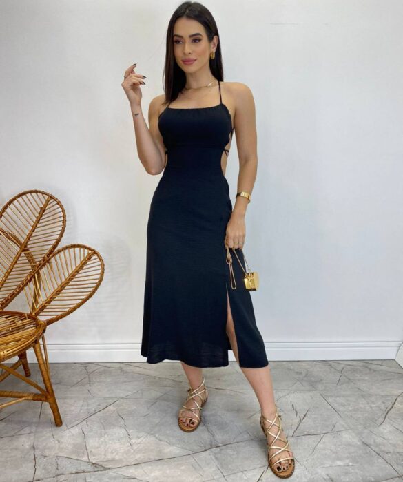 Vestido Midi Valentina sem Bojo com Fenda Lateral Preto - Fernanda Ramos Store