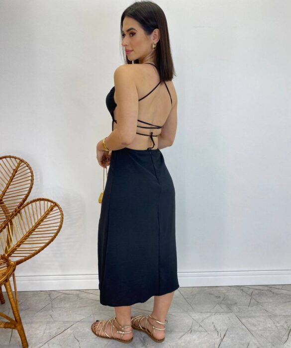 Vestido Midi Valentina sem Bojo com Fenda Lateral Preto - Fernanda Ramos Store