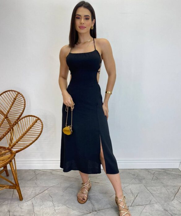 Vestido Midi Valentina sem Bojo com Fenda Lateral Preto - Fernanda Ramos Store