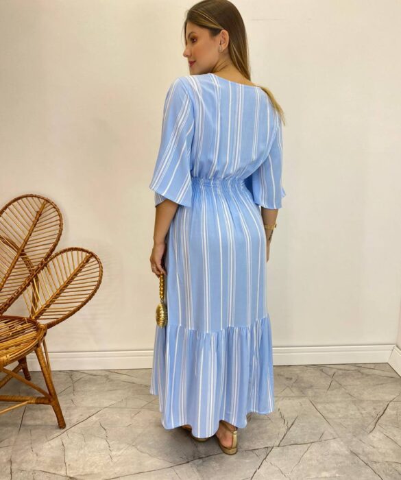 Vestido Midi Viscolinho sem Bojo Manga 3/4 Ampla Listrado Azul - Fernanda Ramos Store