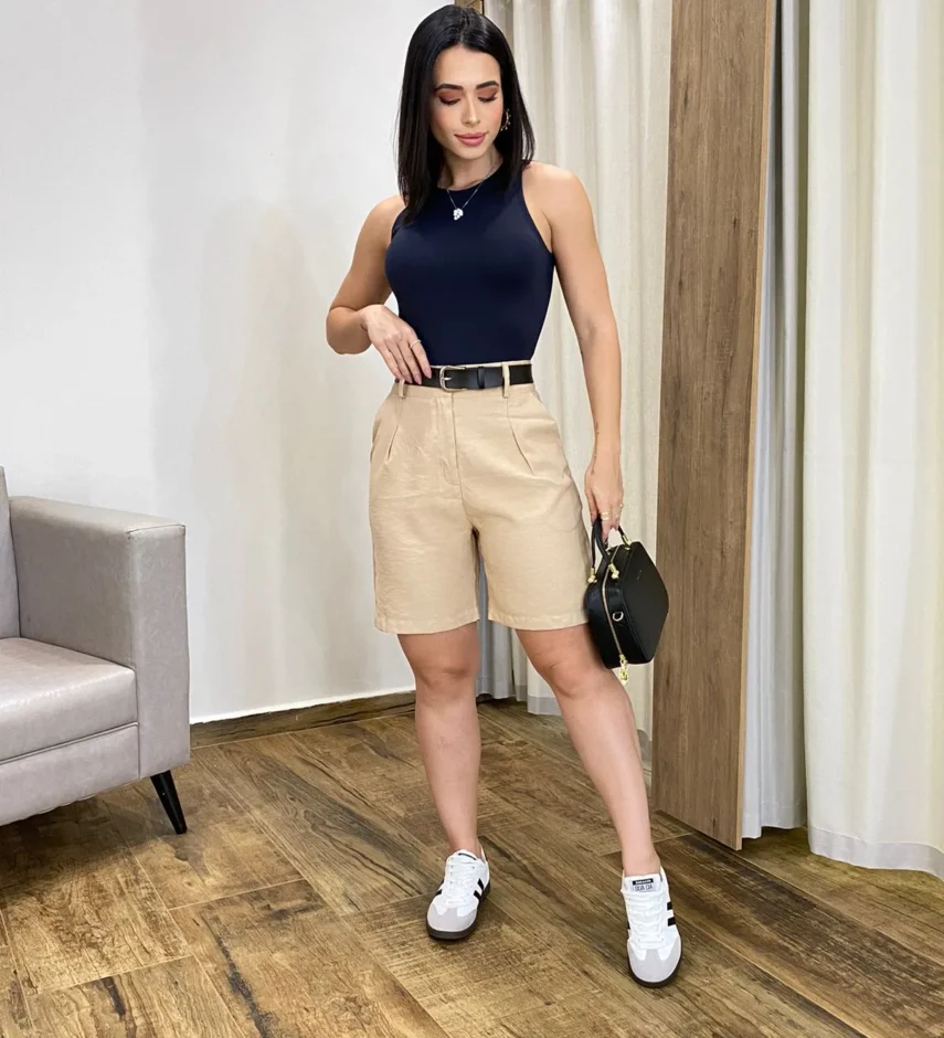 Bermuda Feminina com Cinto Catarina Bege - Fernanda Ramos Store