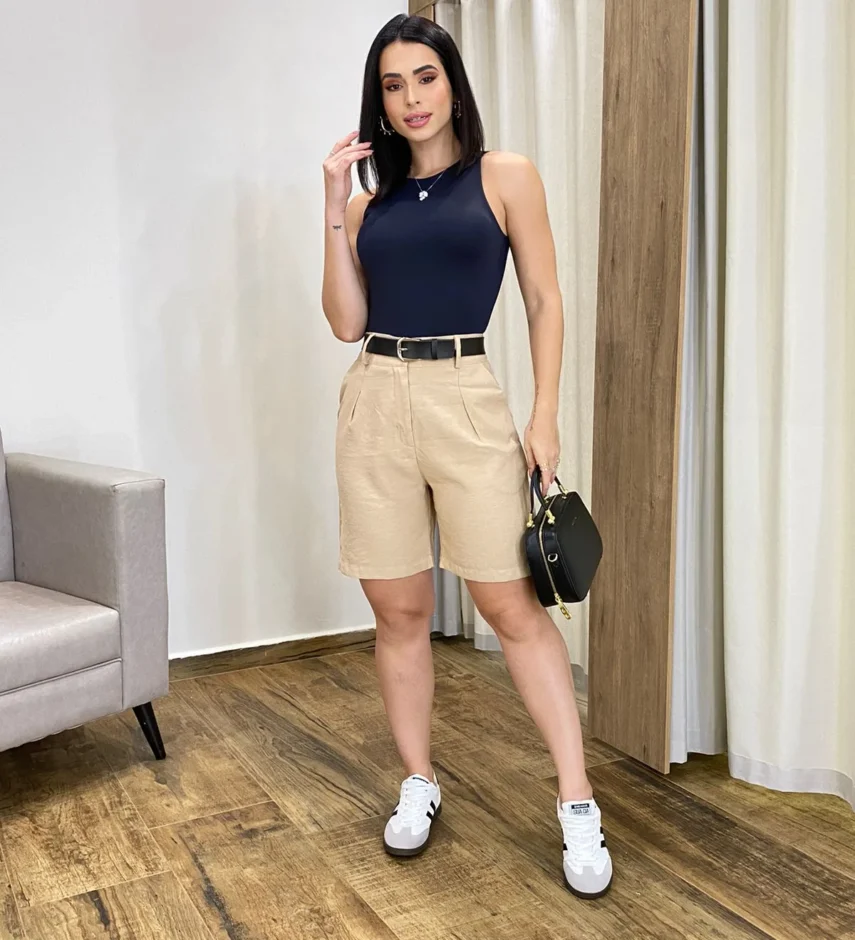 Bermuda Feminina com Cinto Catarina Bege - Fernanda Ramos Store