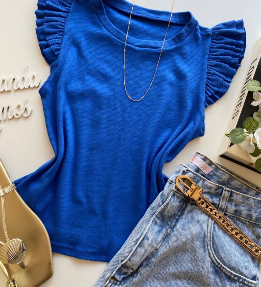 Blusa Feminina Canelada Malwee Azul com Babado na Manga - Fernanda Ramos Store