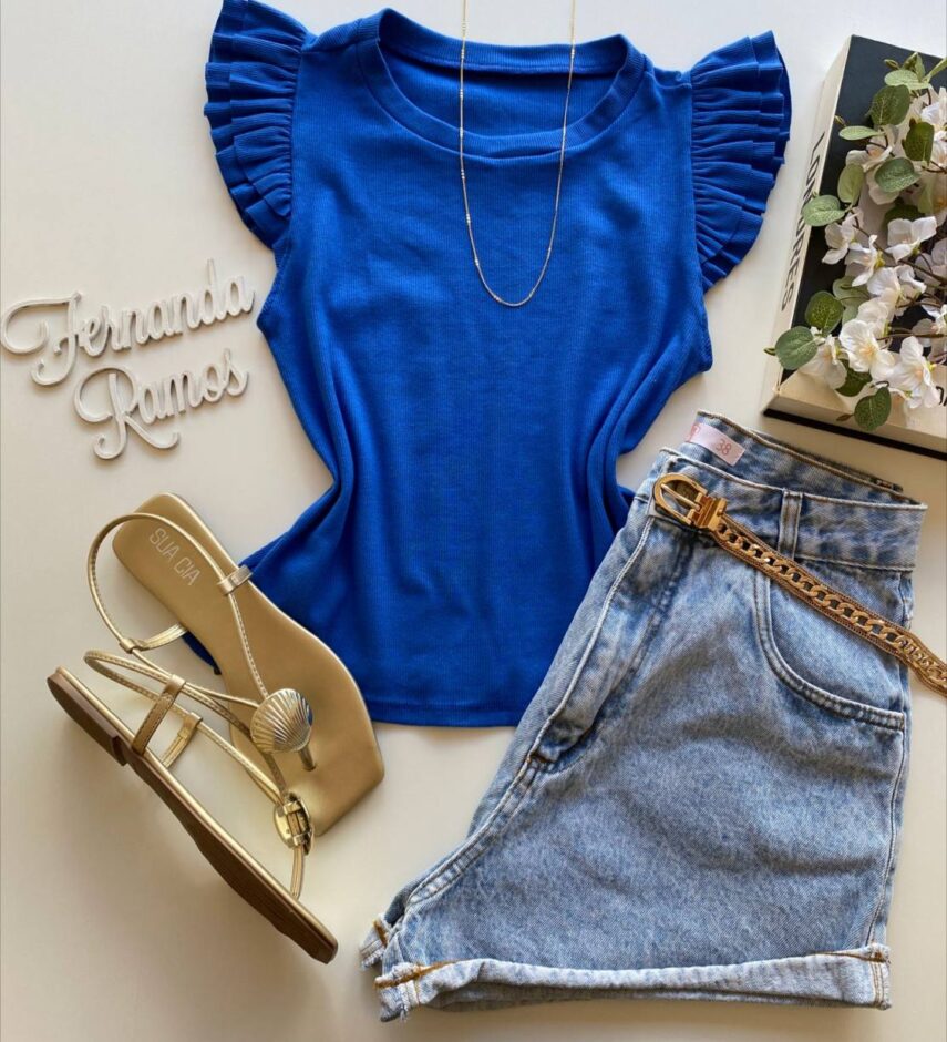 Blusa Feminina Canelada Malwee Azul com Babado na Manga - Fernanda Ramos Store